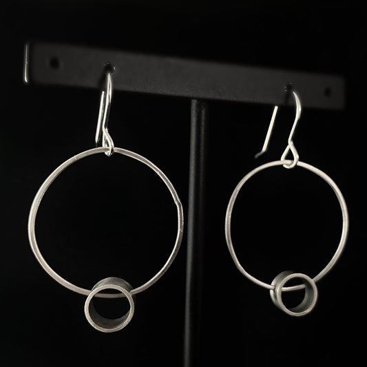 Silver Hoop Earrings with Small Circle Detail, Handmade - Recycled Materials