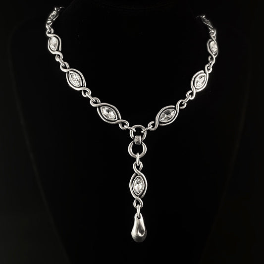 Silver Lariat Necklace with Clear Crystals, Handmade, Nickel Free