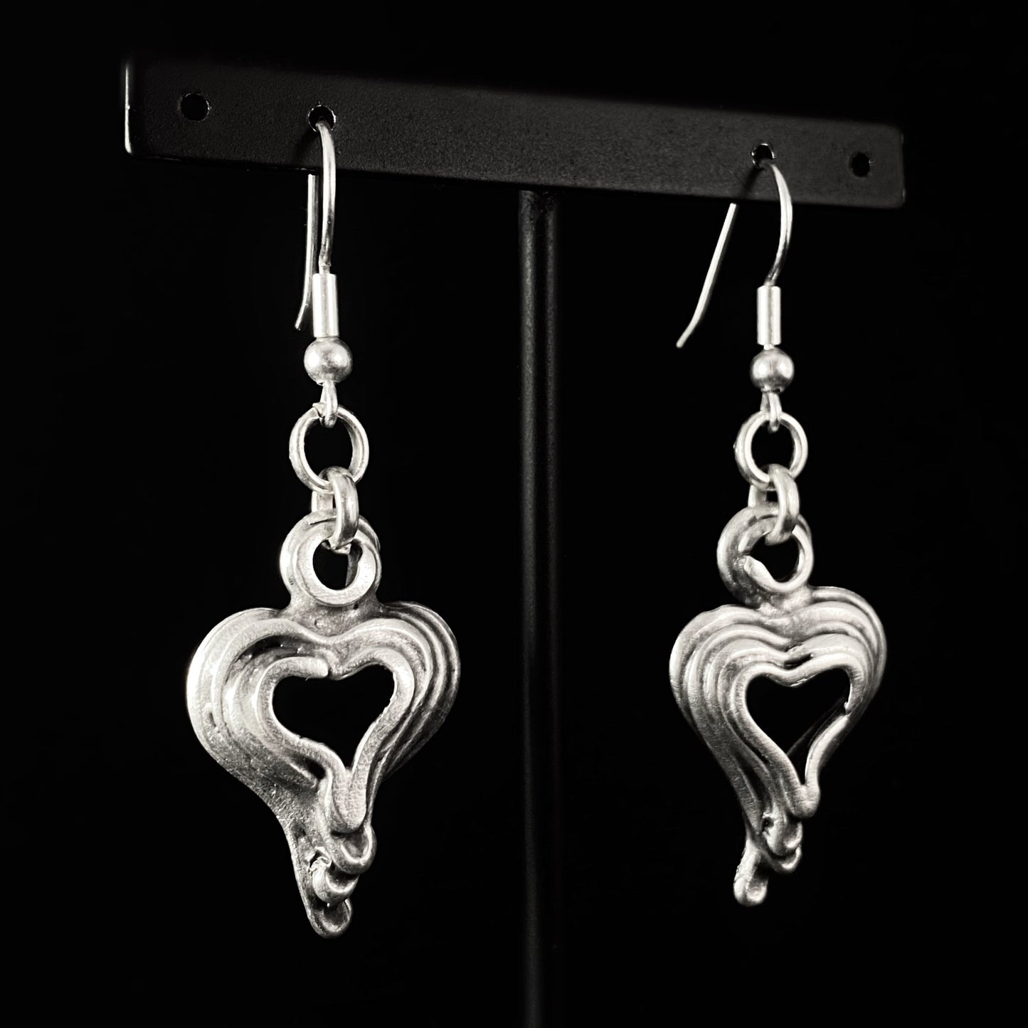 Silver Layered Heart Drop Earrings, Handmade, Nickel Free - Noir