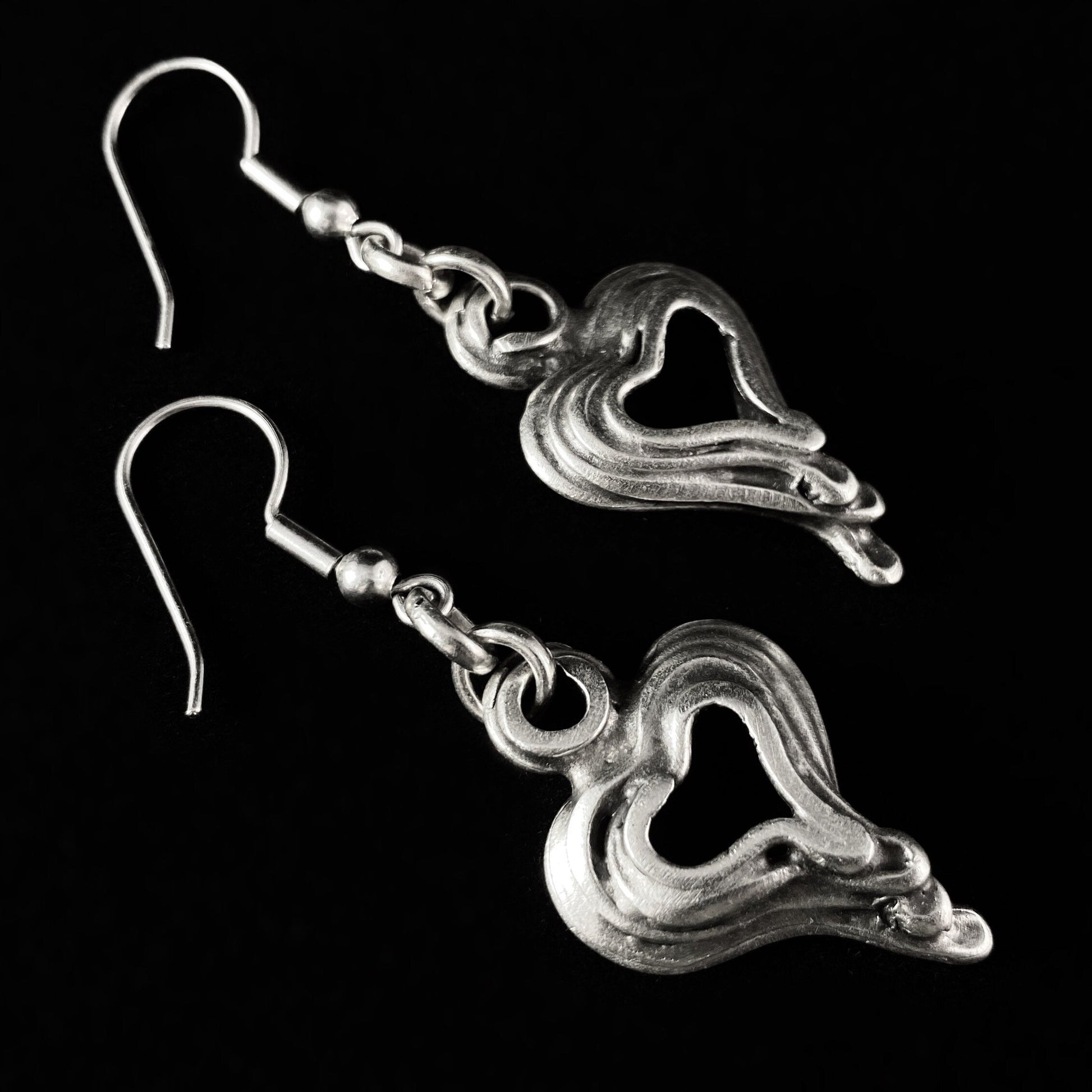 Silver Layered Heart Drop Earrings, Handmade, Nickel Free - Noir