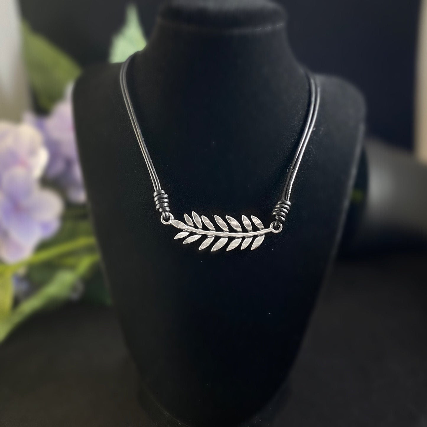 Silver Leaf Necklace with Black Leather Cord - Handmade Nickel Free Ulla Jewelry