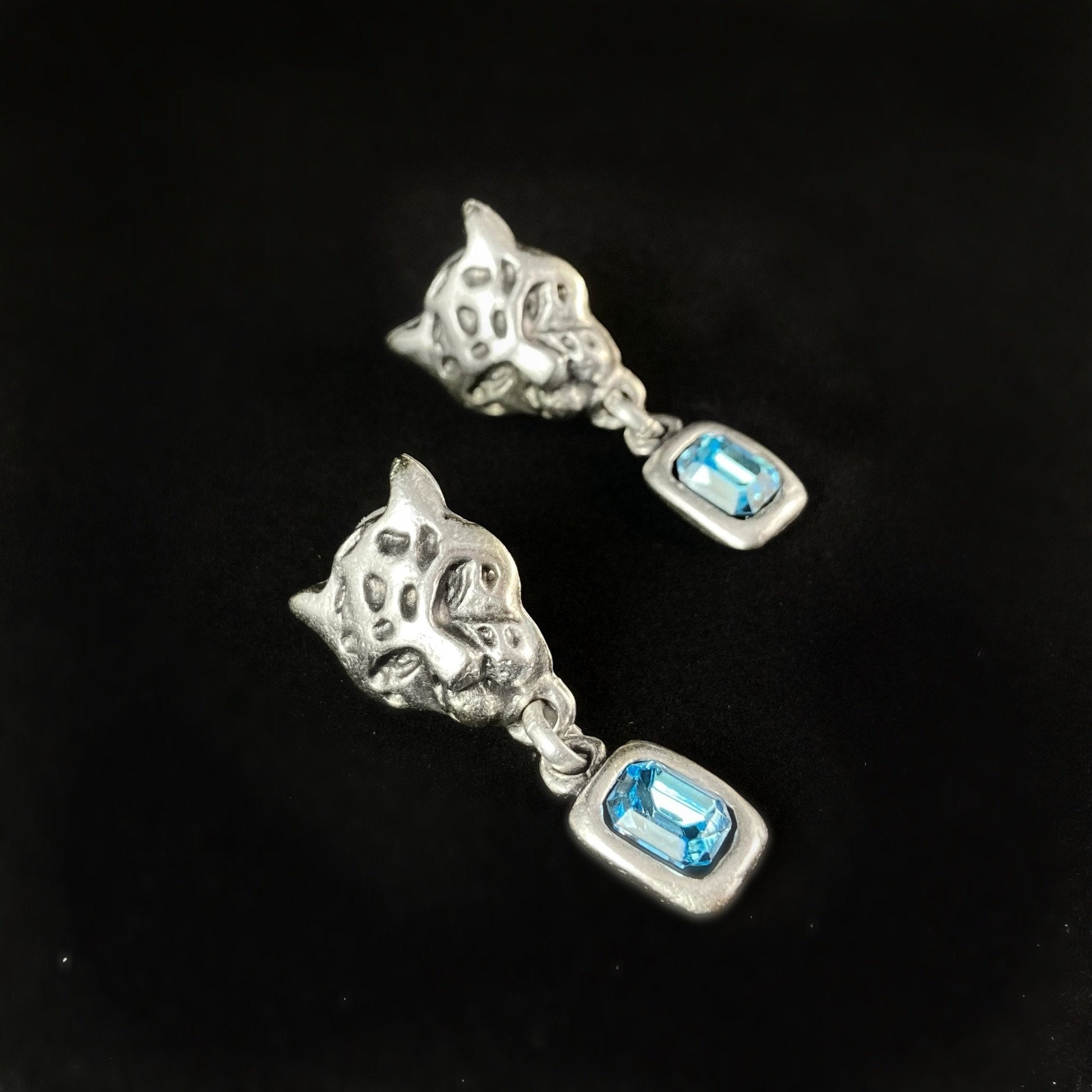 Silver Leopard Earrings with Blue Crystal, Handmade, Nickel Free
