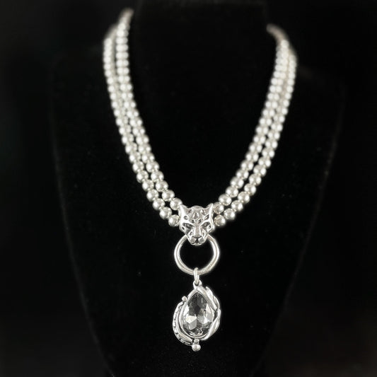 Silver Leopard Necklace with Clear Czech Crystal, Handmade, Nickel Free