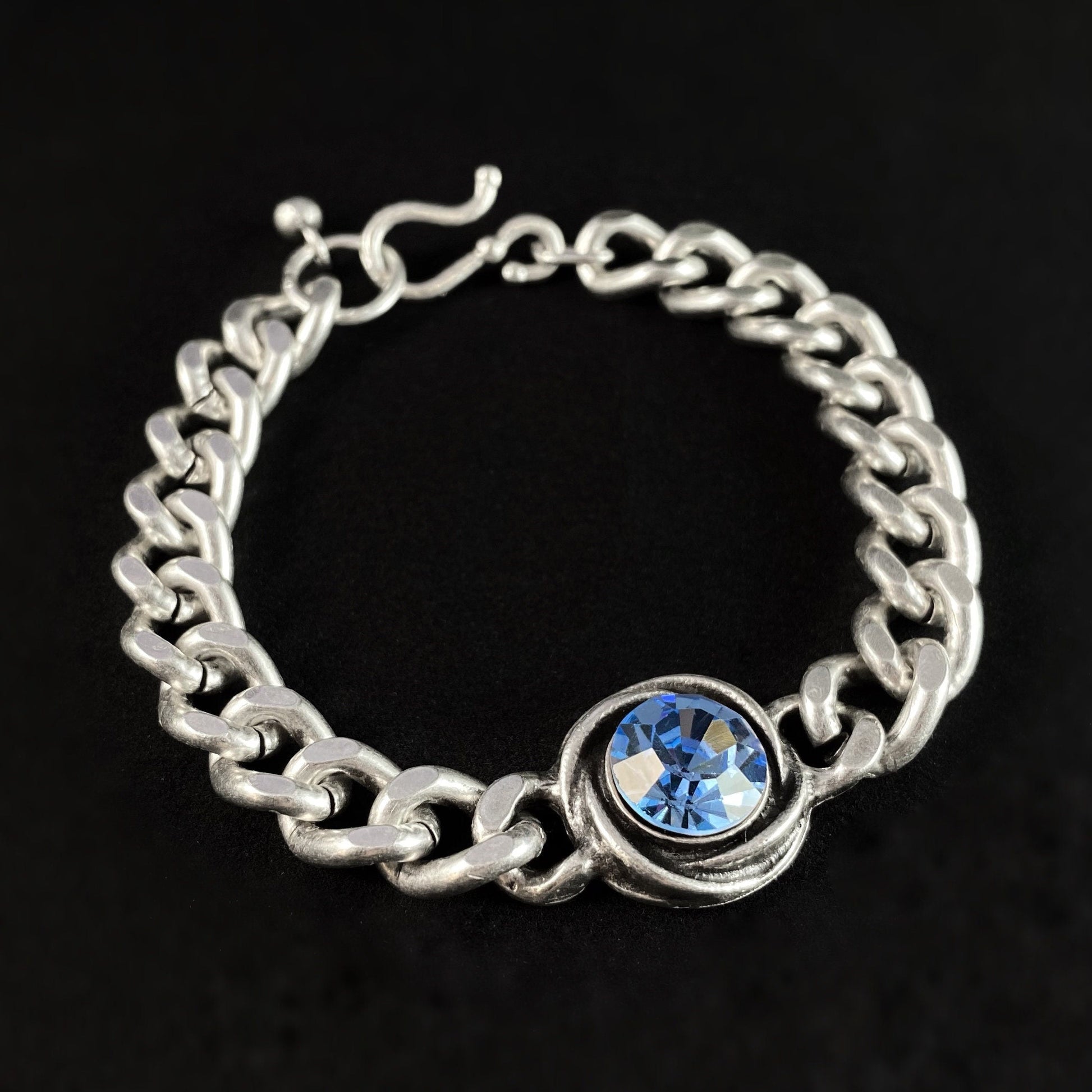 Silver Link Bracelet with Blue Crystal, Handmade, Nickel Free