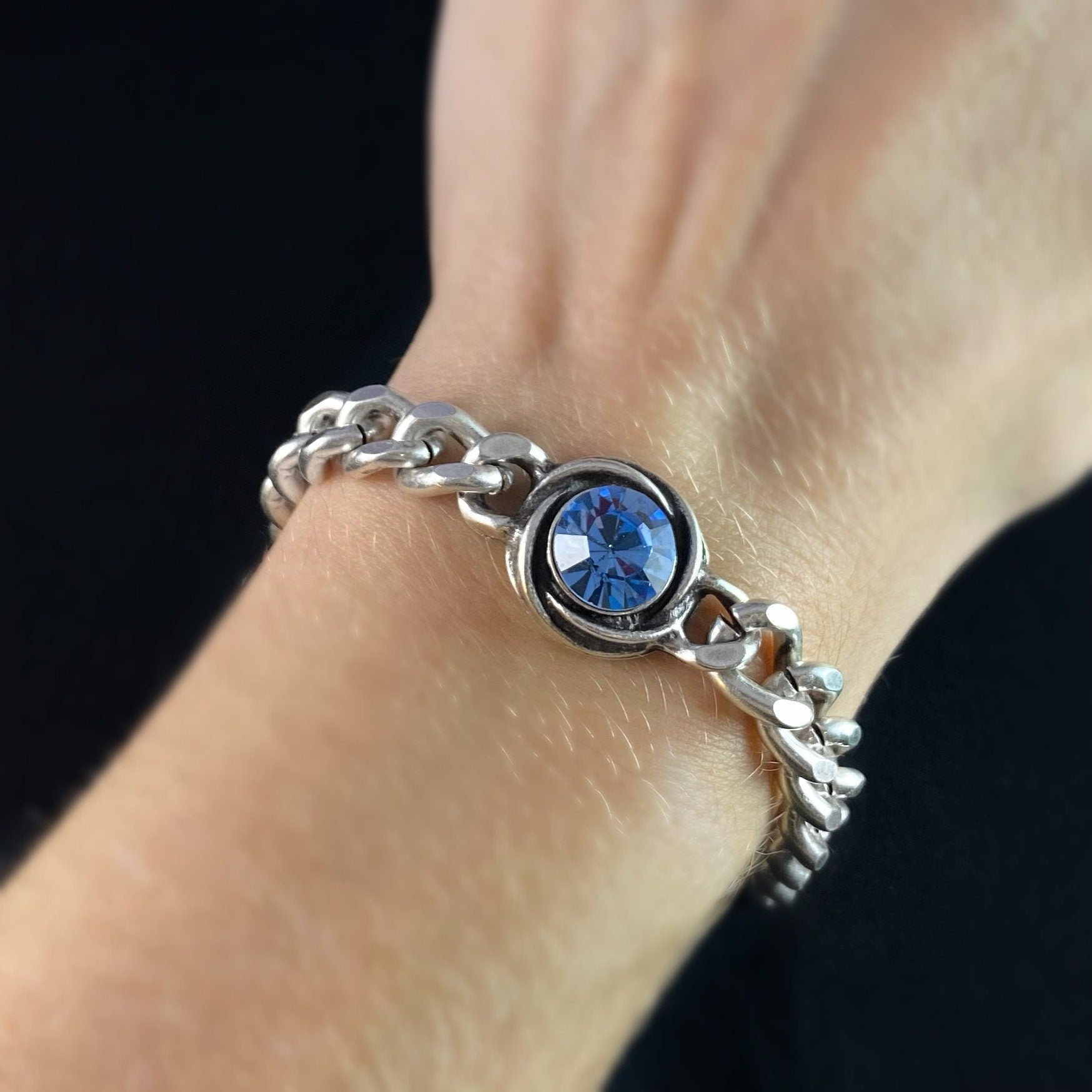 Silver Link Bracelet with Blue Crystal, Handmade, Nickel Free