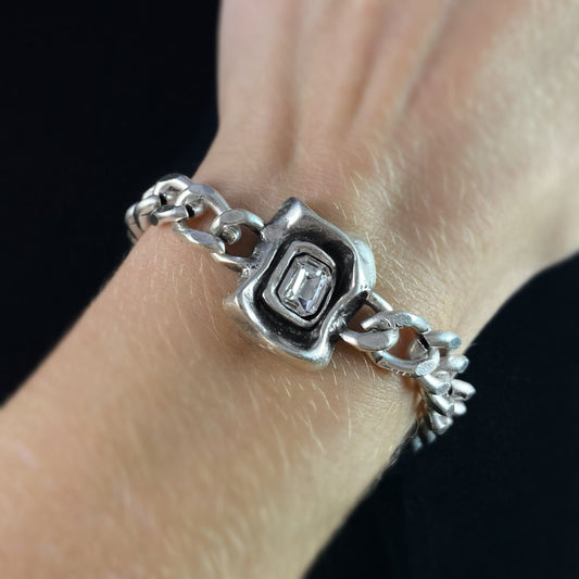 Silver Link Bracelet with Clear Crystal, Handmade, Nickel Free