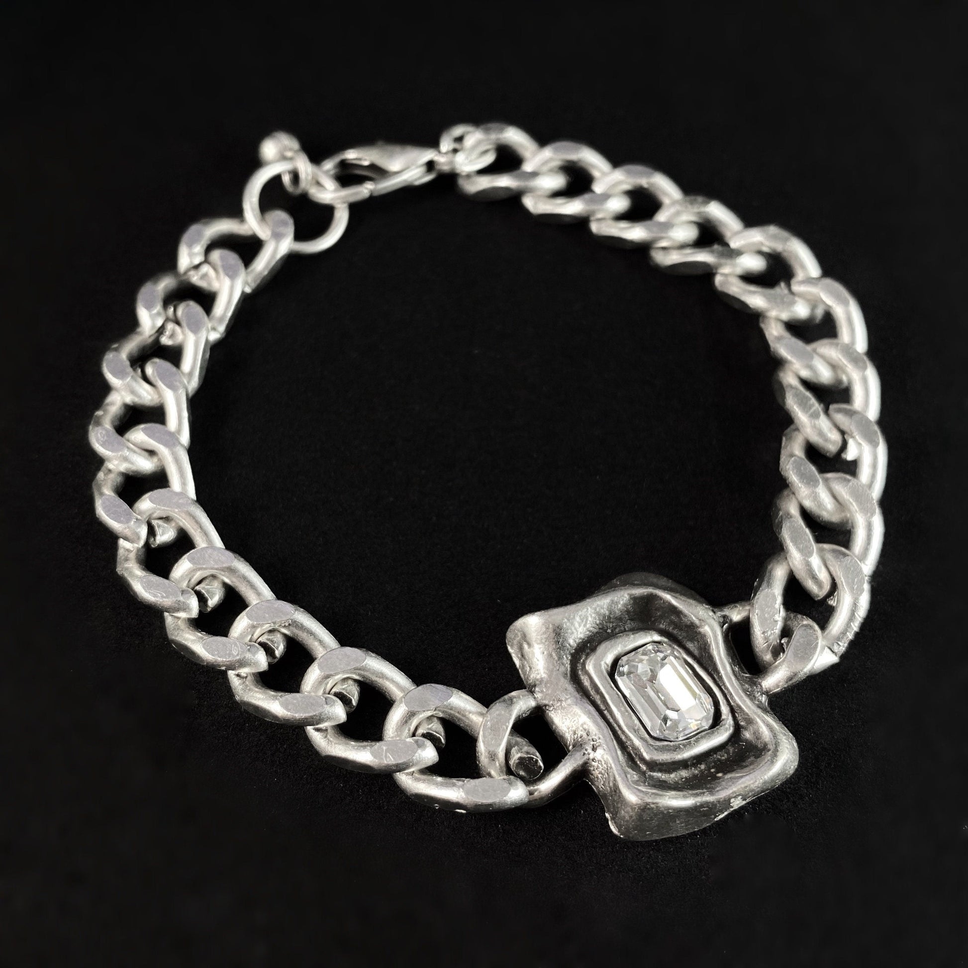 Silver Link Bracelet with Clear Crystal, Handmade, Nickel Free