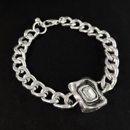 Silver Link Bracelet with Clear Crystal, Handmade, Nickel Free