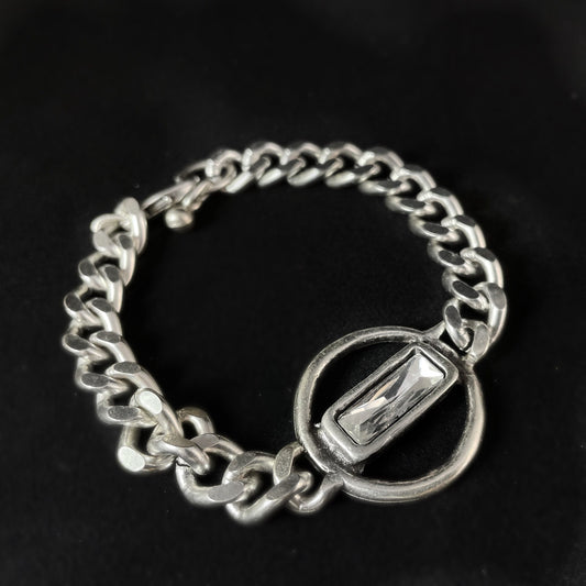 Silver Link Bracelet with Clear Crystal, Handmade, Nickel Free