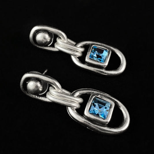 Silver Link Drop Earrings With Square Cut Sky Blue Crystal Charm Accent, Handmade, Nickel Free -Noir