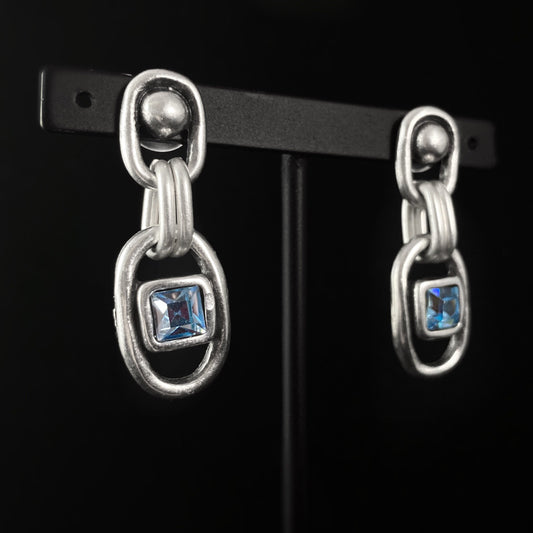 Silver Link Drop Earrings With Square Cut Sky Blue Crystal Charm Accent, Handmade, Nickel Free -Noir