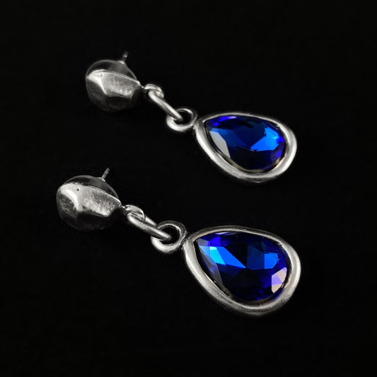 Silver Link Drop Earrings With Teardrop Sapphire Blue Crystal Charm Accent, Handmade, Nickel Free -Noir