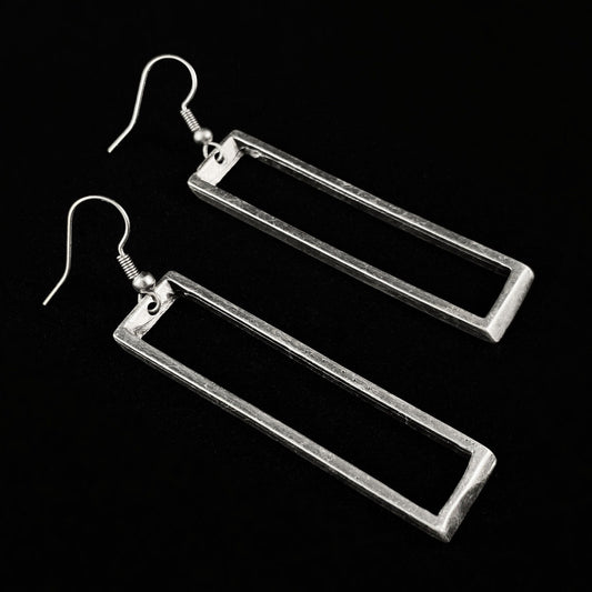 Silver Long Frame Drop Earrings, Handmade, Nickel Free -Noir