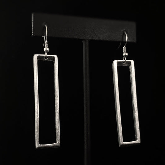 Silver Long Frame Drop Earrings, Handmade, Nickel Free -Noir