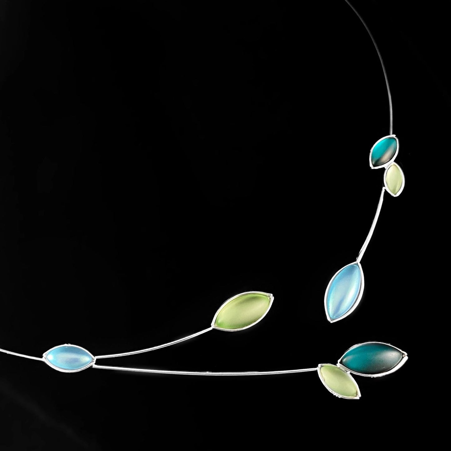 Silver Memory Wire Floral Necklace with Handmade Glass Beads, Hypoallergenic, Blue/Green - Kristina