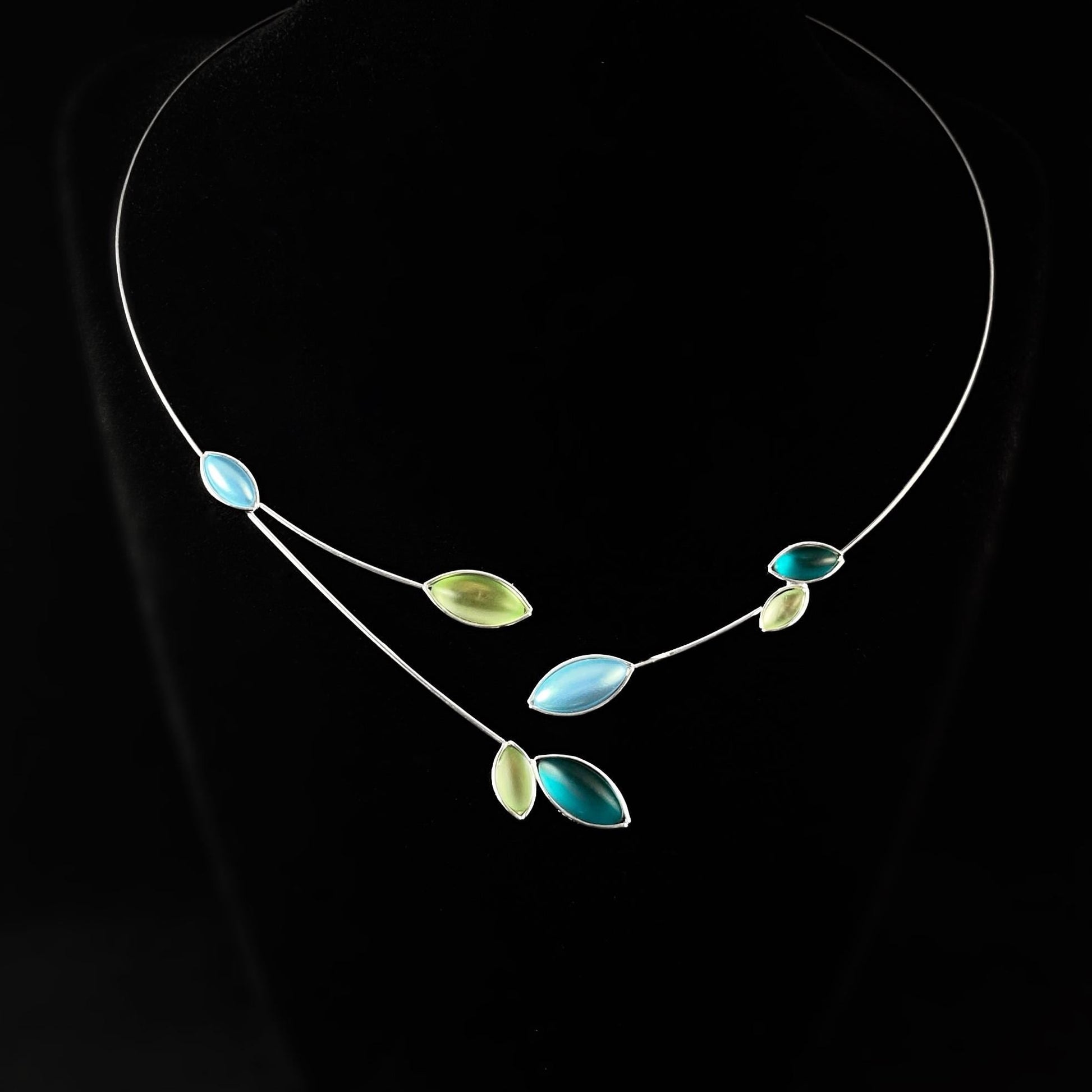 Silver Memory Wire Floral Necklace with Handmade Glass Beads, Hypoallergenic, Blue/Green - Kristina