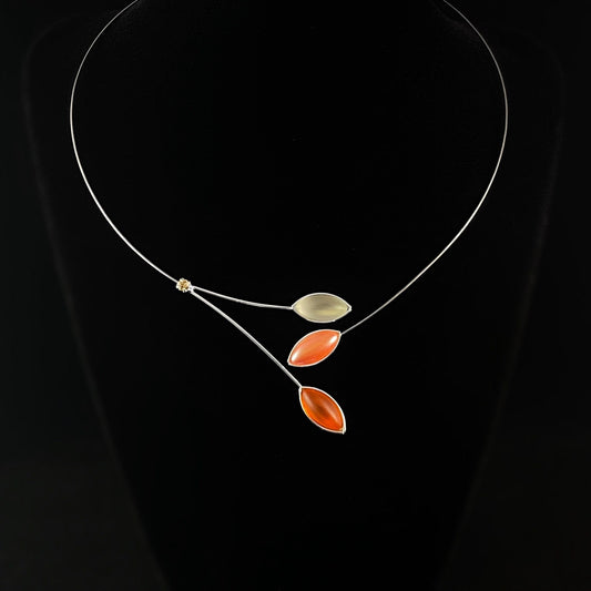 Silver Memory Wire Floral Necklace with Handmade Glass Beads, Hypoallergenic, Dk White/Orange Pearl/Orange - Kristina