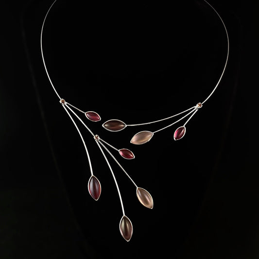 Silver Memory Wire Floral Necklace with Handmade Glass Beads, Hypoallergenic, Lt Pink/Fuchsia/Amethyst - Kristina