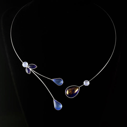 Silver Memory Wire Floral Necklace with Handmade Glass Beads, Hypoallergenic, Lt Blue/Lt Sapphire/Indigo - Kristina