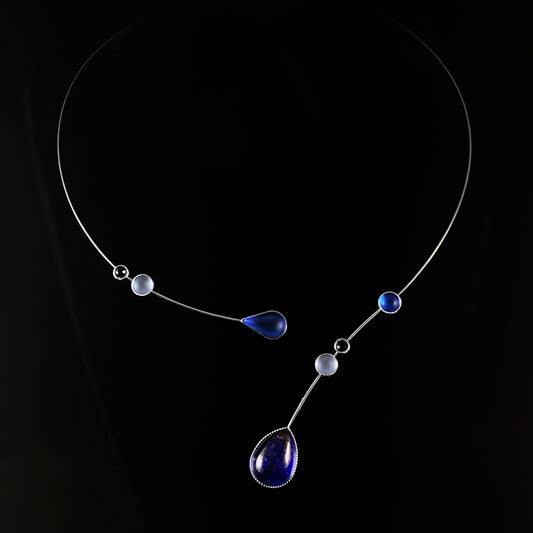 Silver Memory Wire Floral Necklace with Handmade Glass Beads, Hypoallergenic, Lt Blue/Lt Sapphire/Indigo - Kristina