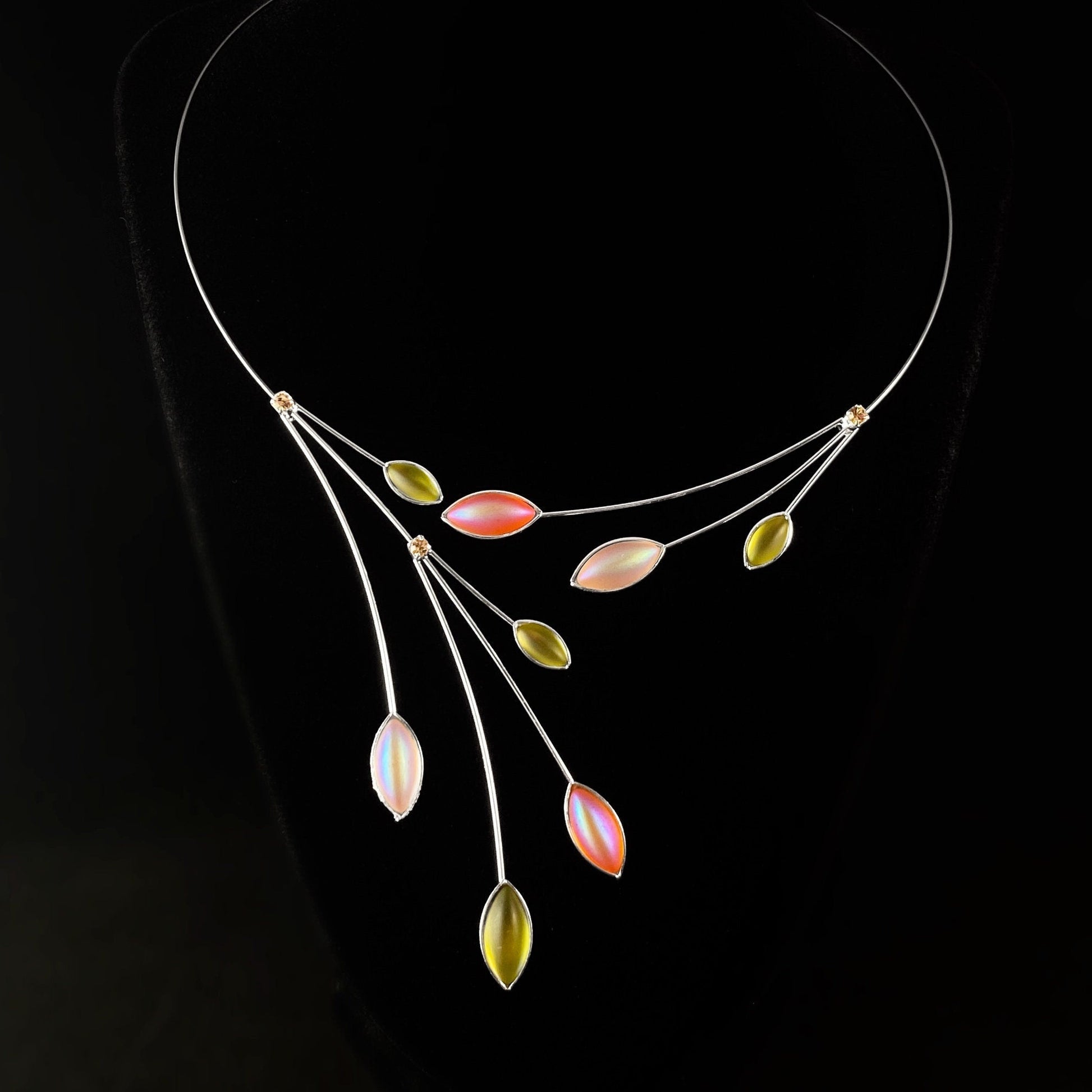 Silver Memory Wire Floral Necklace with Handmade Glass Beads, Hypoallergenic, Pink Opal/ Olive Opal - Kristina