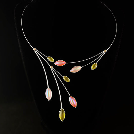 Silver Memory Wire Floral Necklace with Handmade Glass Beads, Hypoallergenic, Pink Opal/ Olive Opal - Kristina