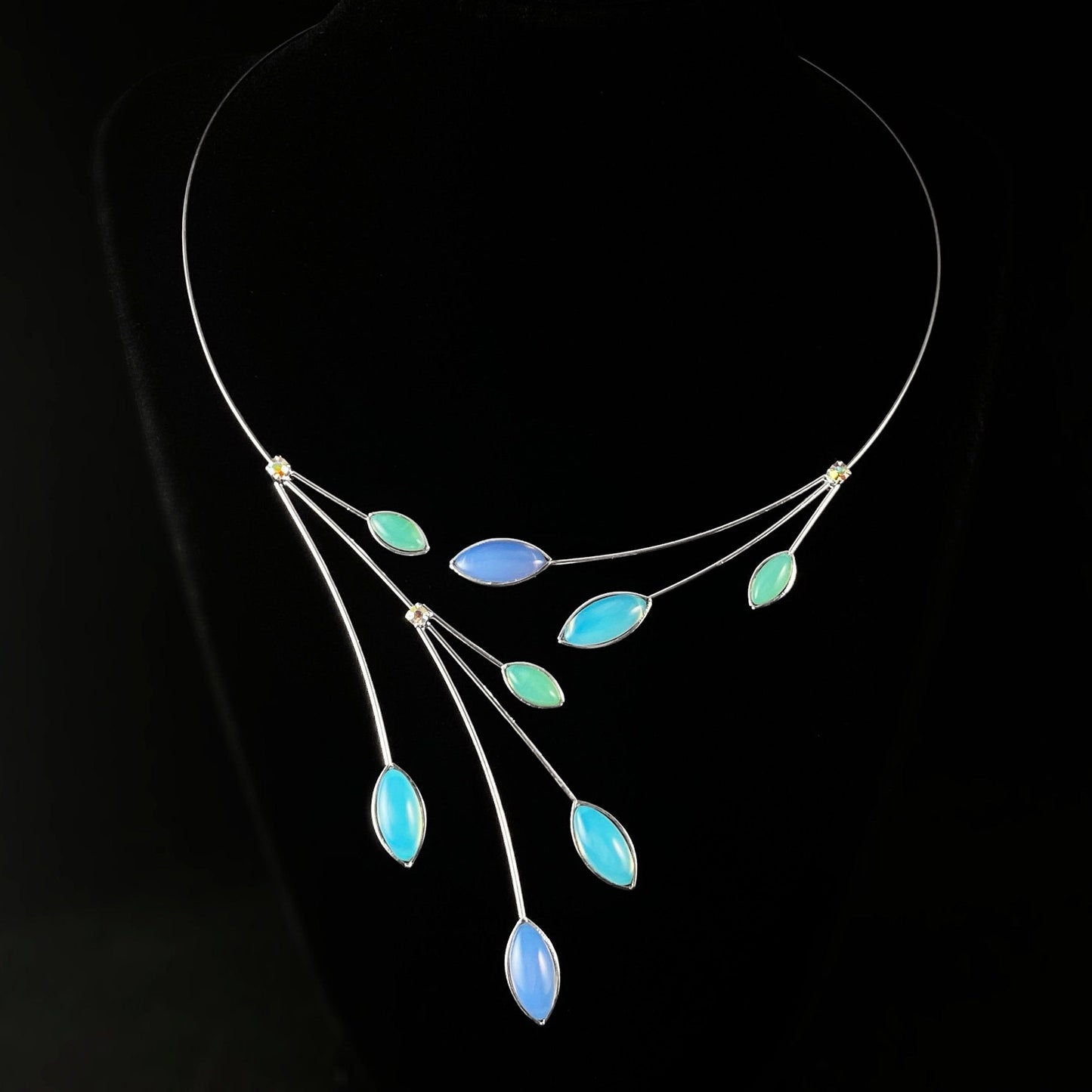 Silver Memory Wire Floral Necklace with Handmade Glass Beads, Hypoallergenic, Shiny Blue Opal/ Green Opal - Kristina