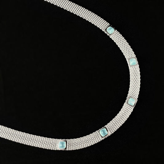 Silver Mesh Chain Necklace with Square Blue Stone Accents - Handmade, Nickel Free - Ulla