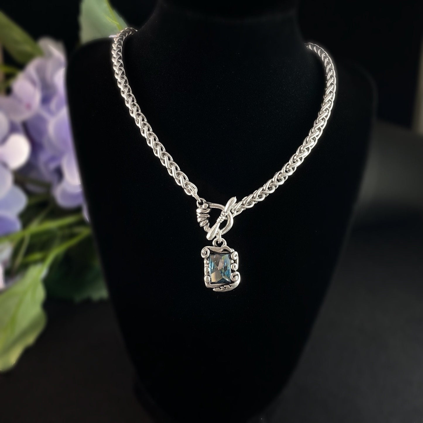 Silver Necklace with Blue Crystal, Handmade, Nickel Free