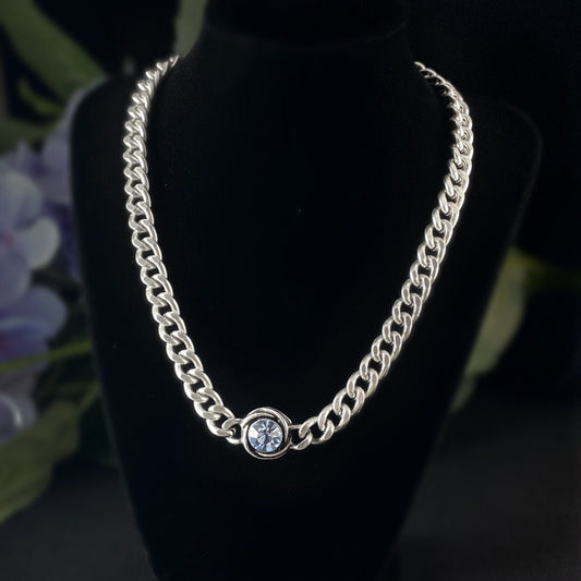Silver Necklace with Blue Crystal, Handmade, Nickel Free