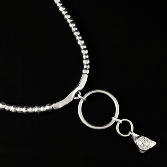 Silver Necklace with Circle and Clear Crystal Triangle Pendants, Handmade, Nickel Free-Noir