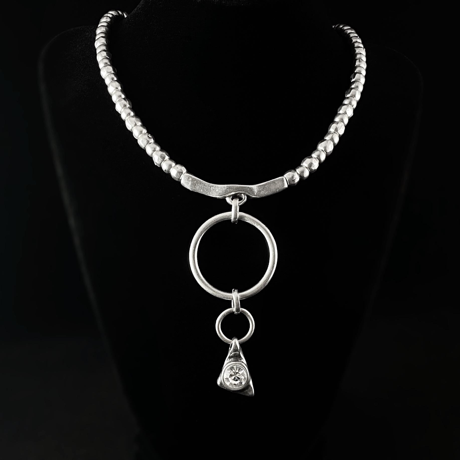 Silver Necklace with Circle and Clear Crystal Triangle Pendants, Handmade, Nickel Free-Noir