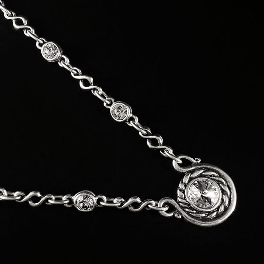 Silver Necklace with Clear Round Crystals and Horseshoe Medallion Pendant, Handmade, Nickel Free - Noir