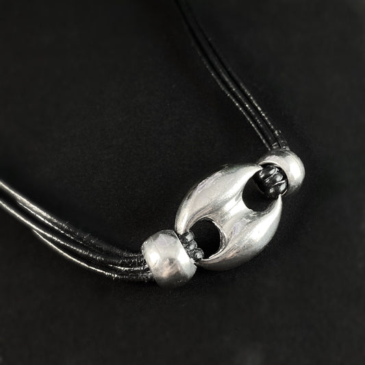 Silver Necklace with Leather Cord, Handmade Nickel Free