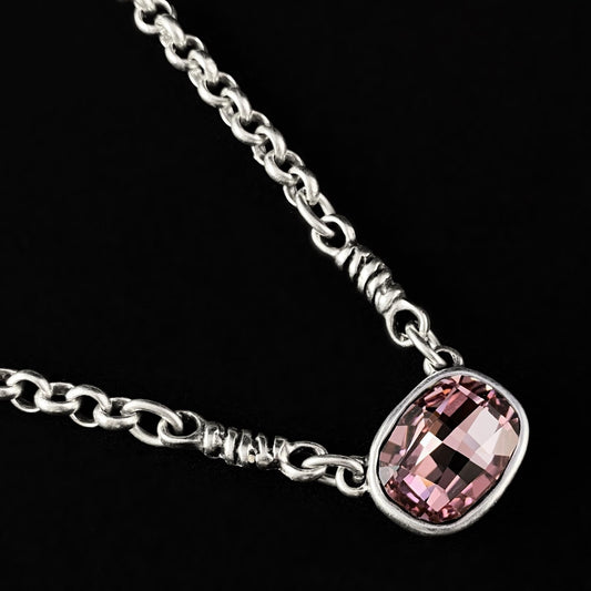 Silver Necklace with Pink Crystal Rectangular Pendant, Handmade, Nickel Free - Noir
