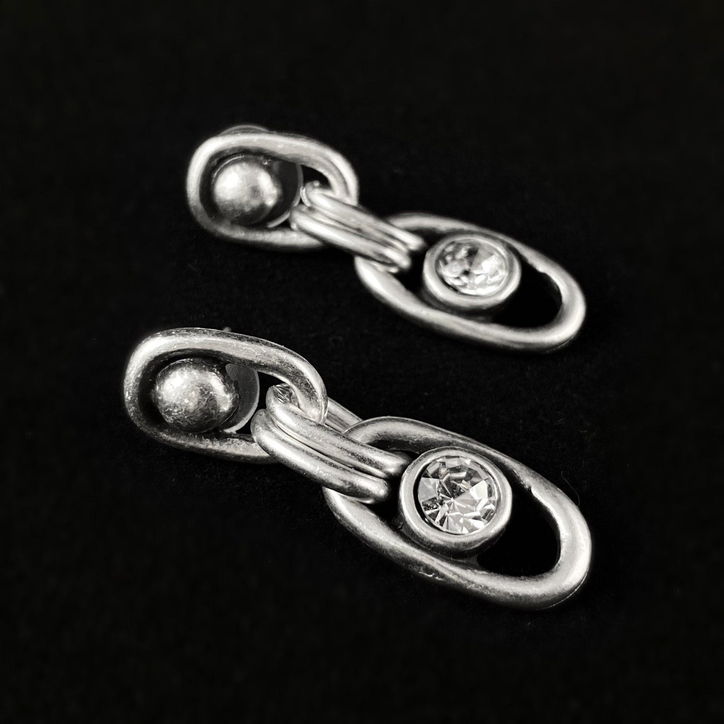 Silver Oval Drop Earrings with Clear Crystal, Handmade, Nickel Free
