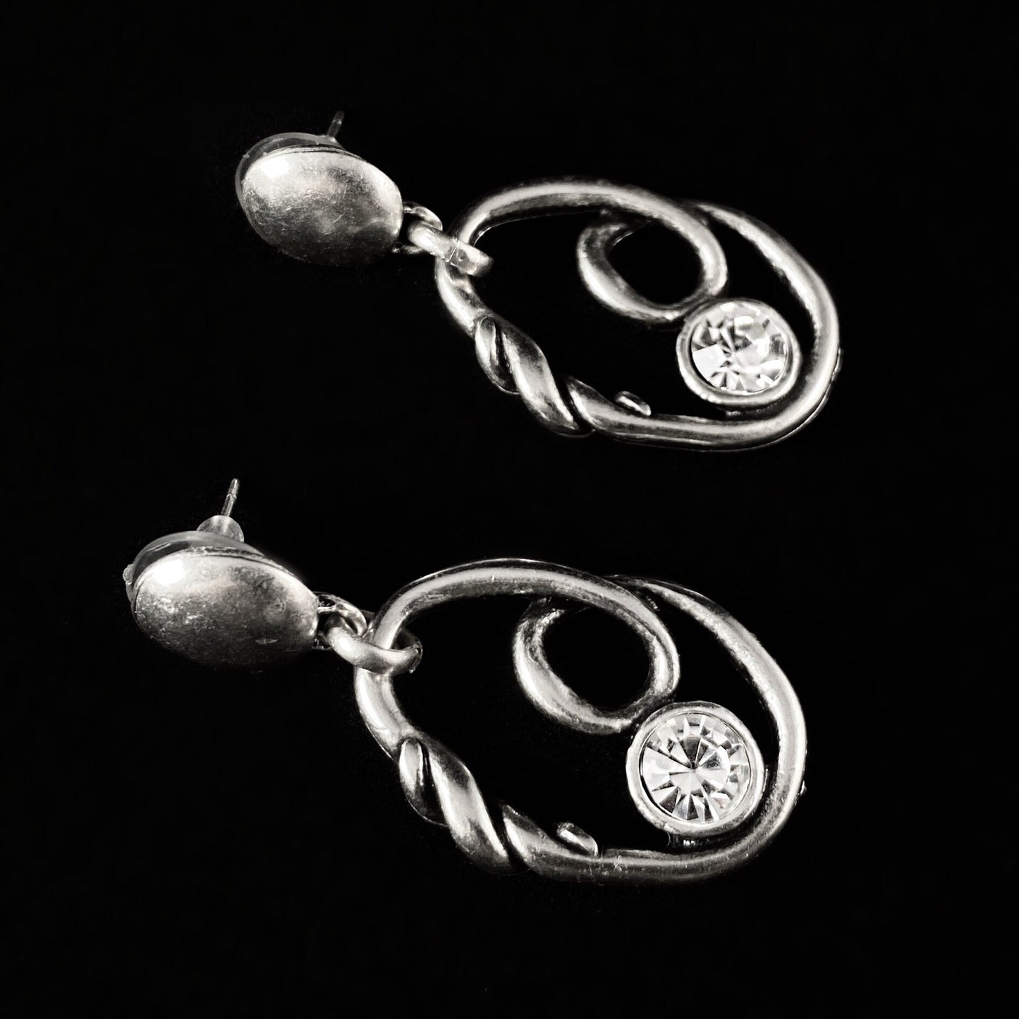 Silver Oval Swirl Drop Earrings with Clear Crystal Accent, Handmade, Nickel Free - Noir
