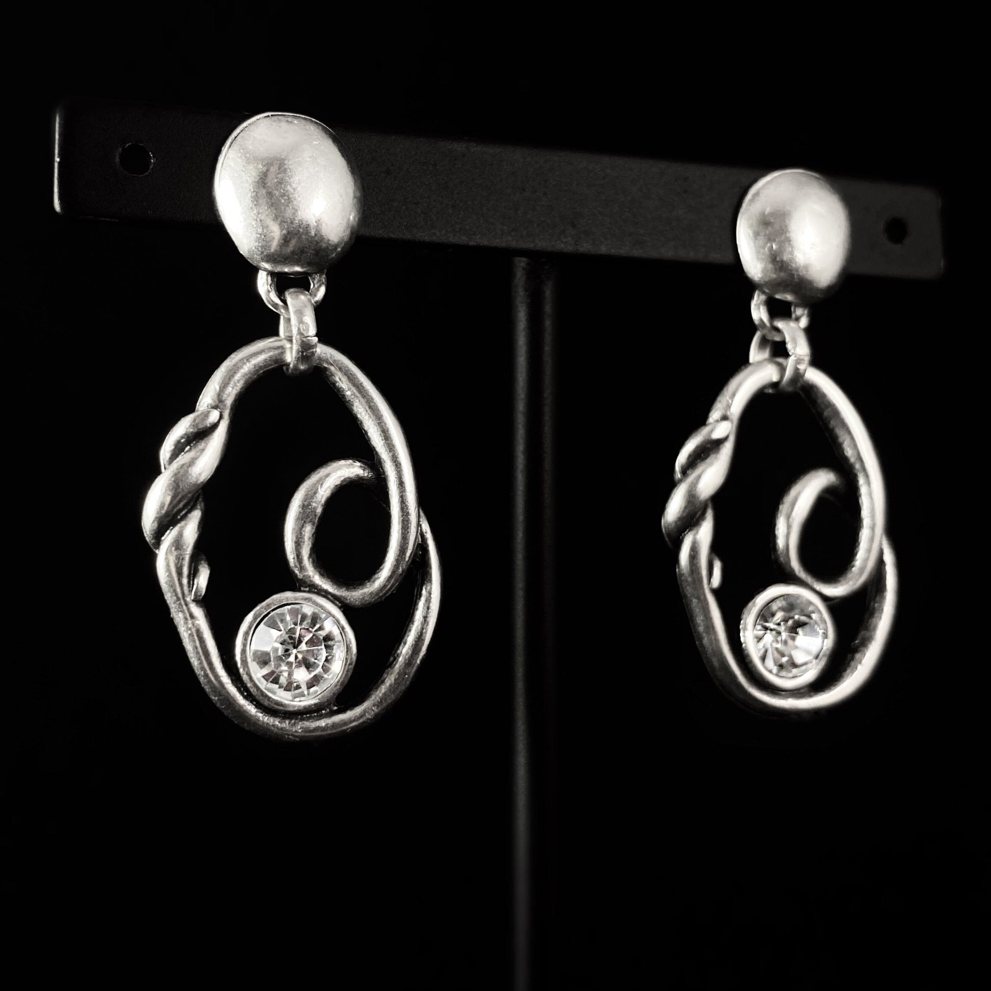 Silver Oval Swirl Drop Earrings with Clear Crystal Accent, Handmade, Nickel Free - Noir