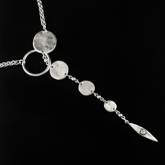 Silver Pull Through Lariat Necklace with Large Medallion Pendants, Handmade, Nickel Free
