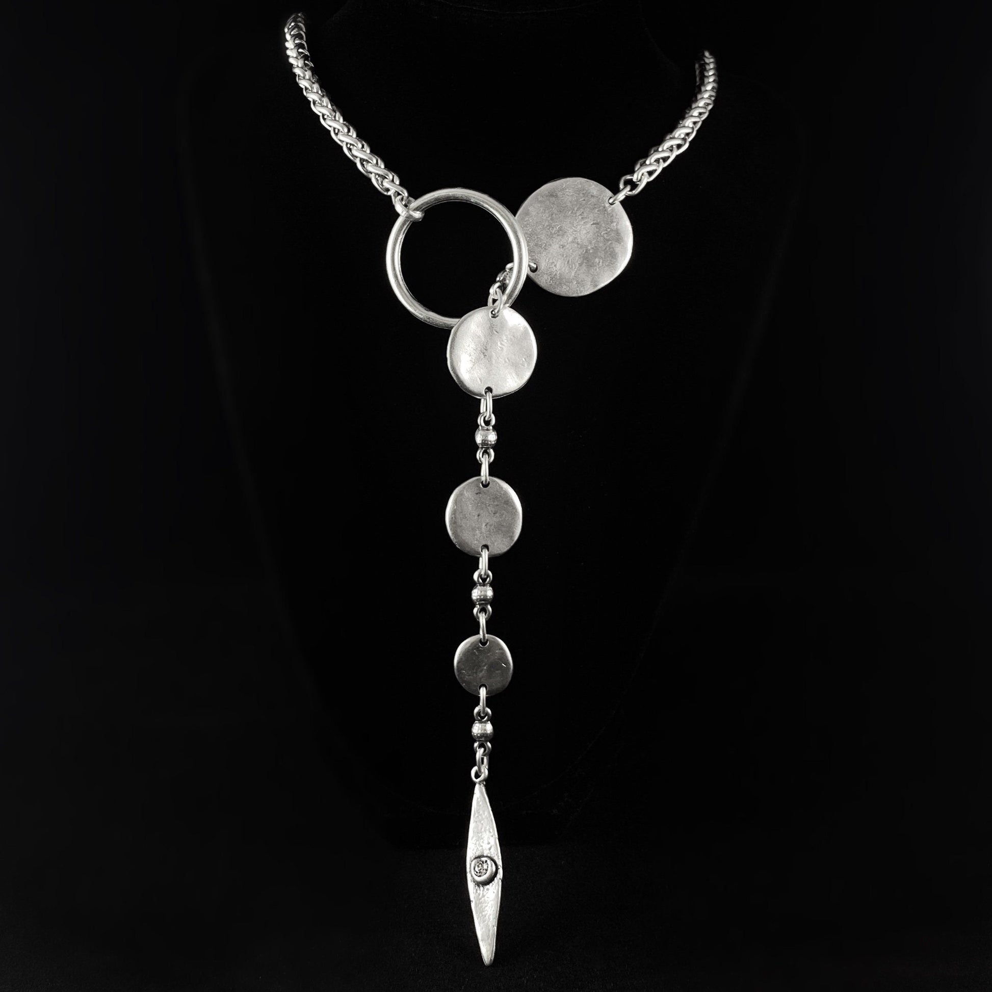 Silver Pull Through Lariat Necklace with Large Medallion Pendants, Handmade, Nickel Free