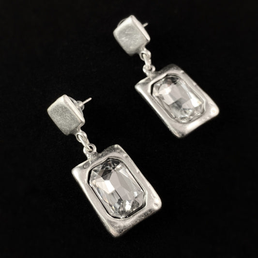 Silver Rectangle Crystal Drop Earrings -  Handmade, Nickel Free - Elegant Minimalist Jewelry for Women