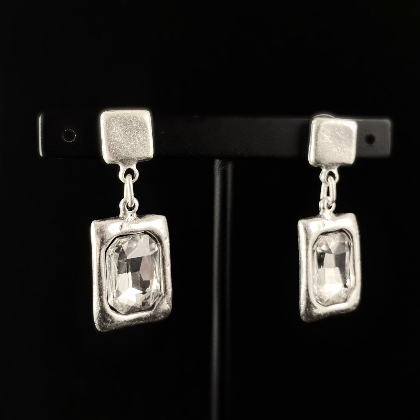 Silver Rectangle Crystal Drop Earrings -  Handmade, Nickel Free - Elegant Minimalist Jewelry for Women