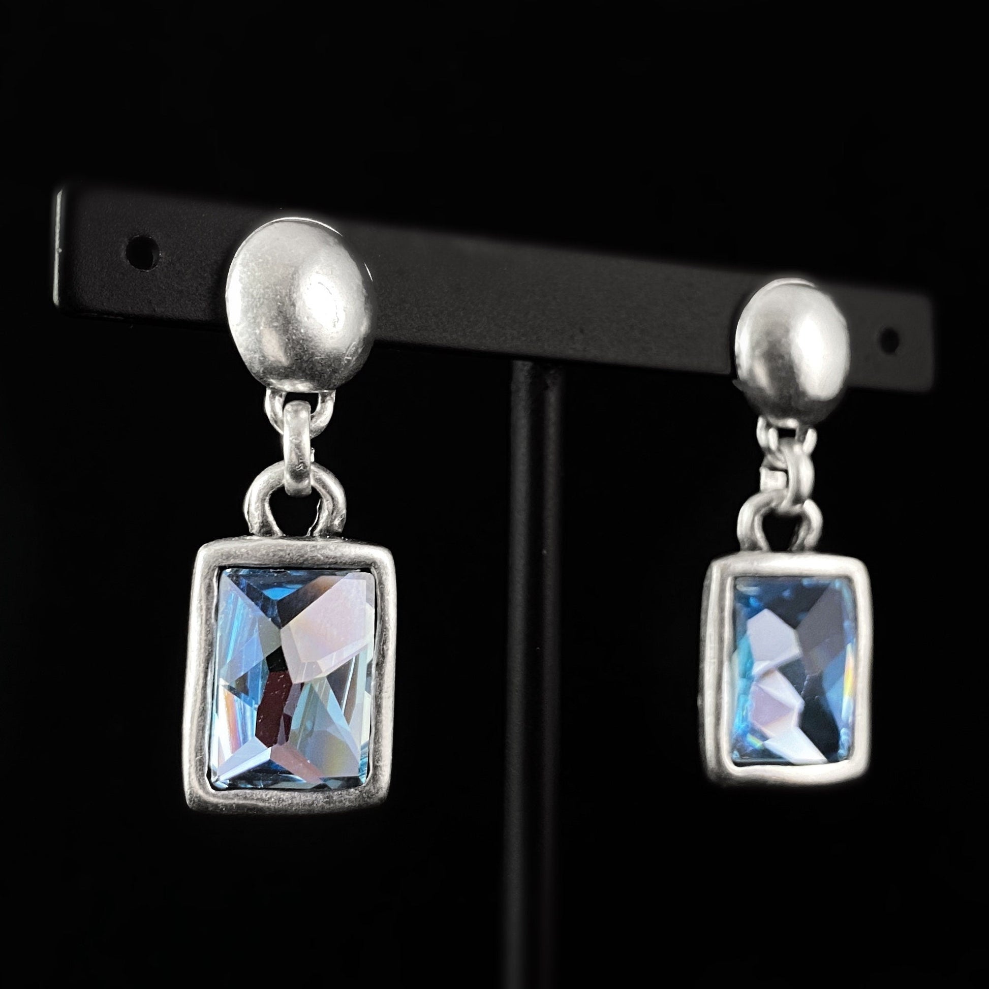 Silver Rectangle Drop Earrings with Blue Crystal, Handmade, Nickel Free - Elegant Jewelry for Women