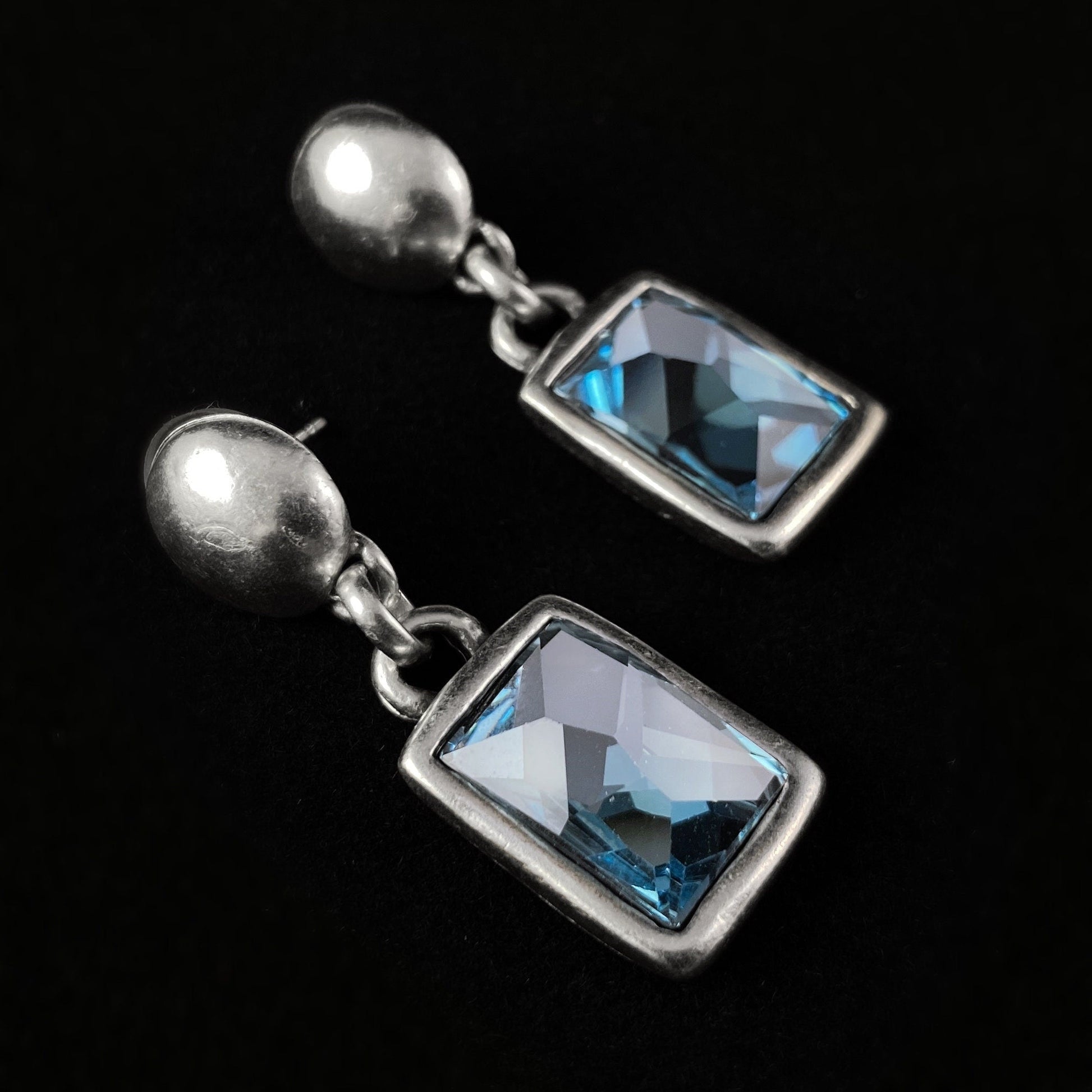 Silver Rectangle Drop Earrings with Blue Crystal, Handmade, Nickel Free - Elegant Jewelry for Women