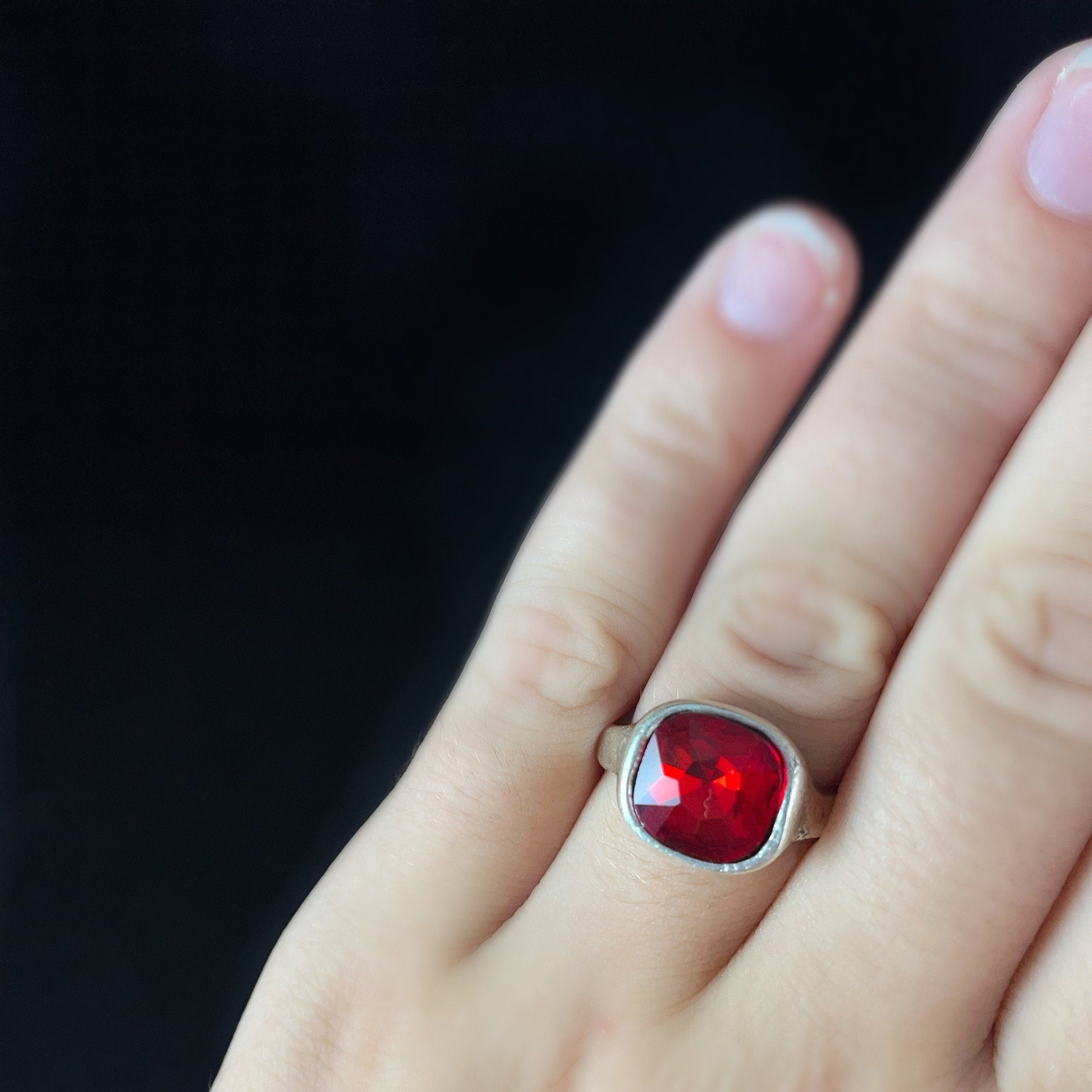 Silver Ring with Red Crystal, Handmade, Nickel Free