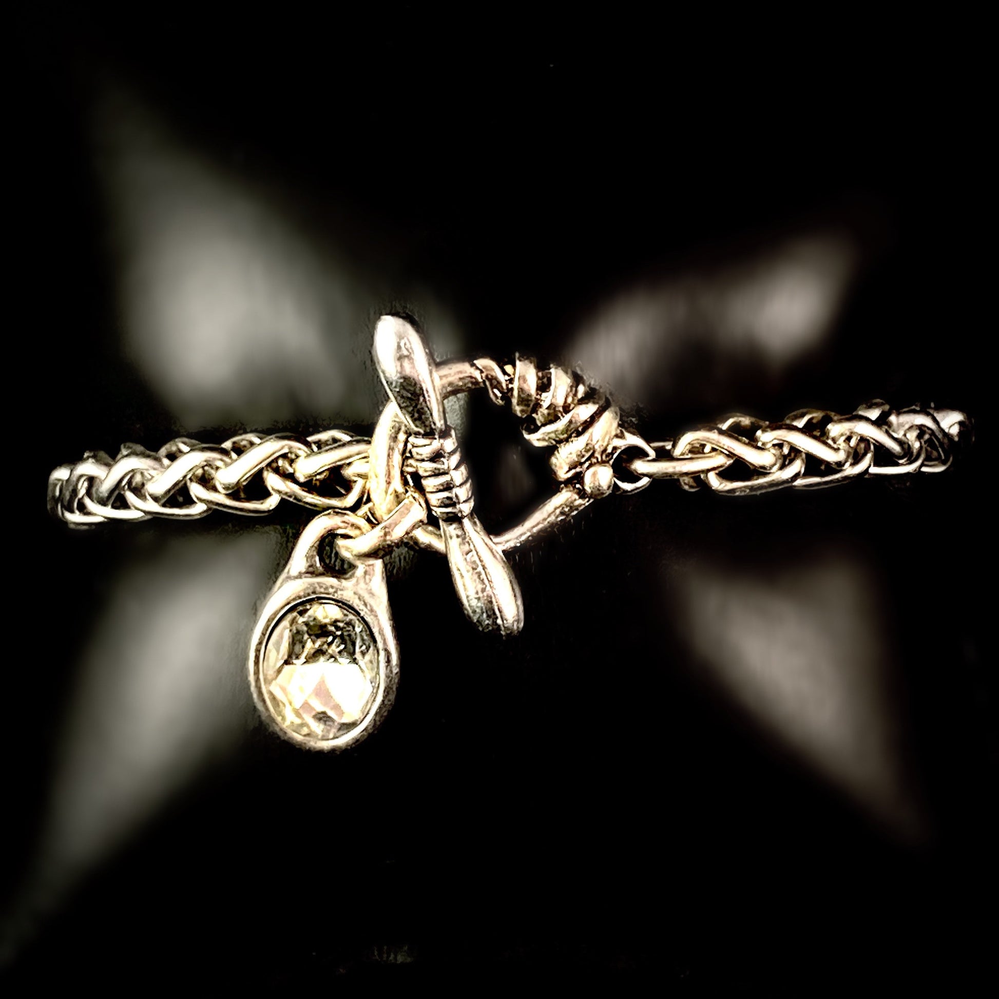 Silver Rope Chain Bracelet with Clear Crystal Charm and Toggle Closure, Handmade, Nickel Free-Noir