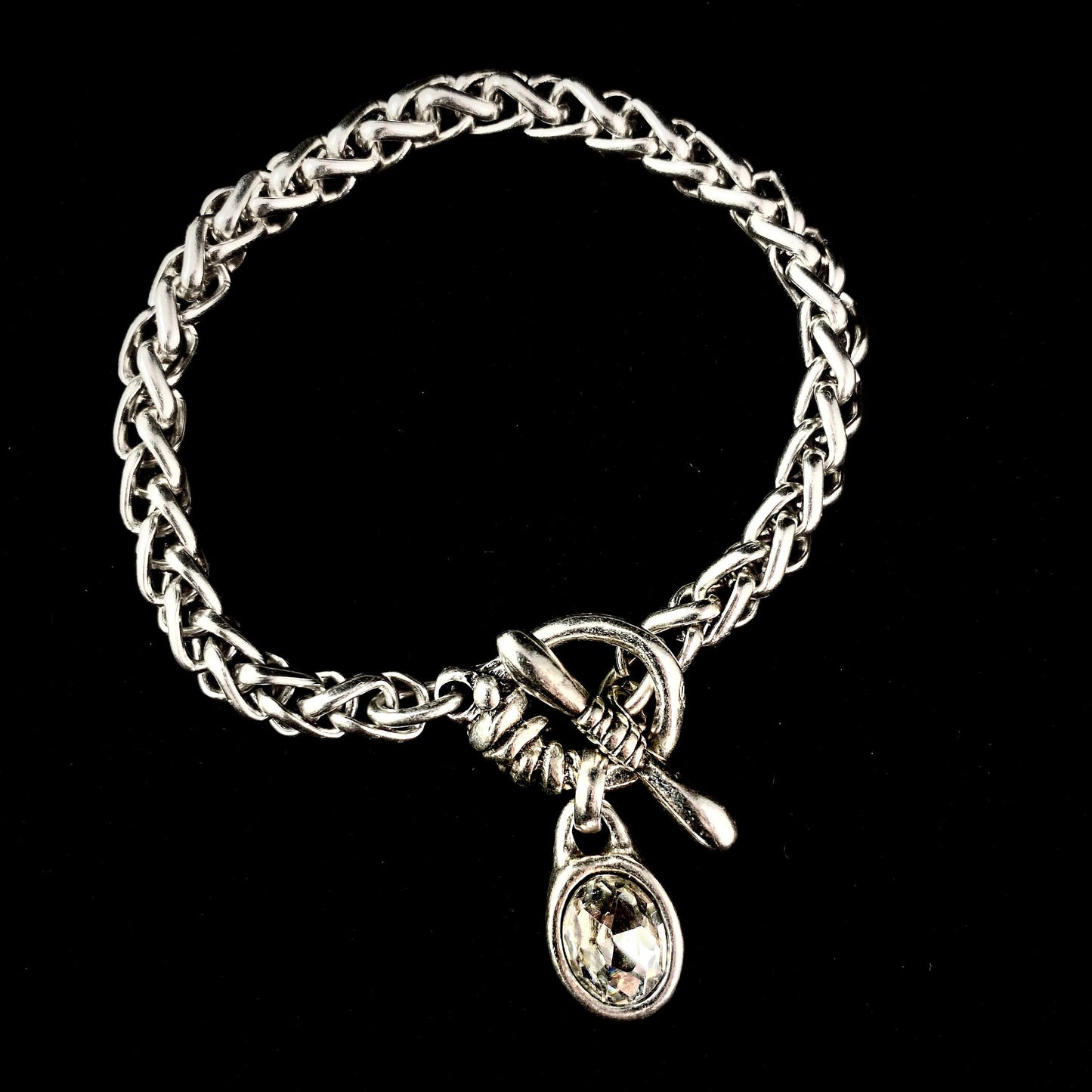 Silver Rope Chain Bracelet with Clear Crystal Charm and Toggle Closure, Handmade, Nickel Free-Noir