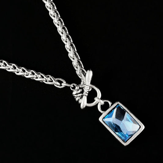 Silver Rope Chain Necklace with Blue Rectangle Crystal Pendant and Toggle Closure, Handmade, Nickel Free-Noir