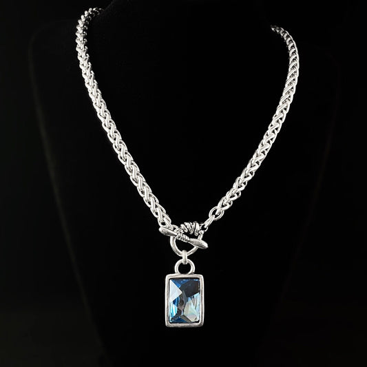 Silver Rope Chain Necklace with Blue Rectangle Crystal Pendant and Toggle Closure, Handmade, Nickel Free-Noir