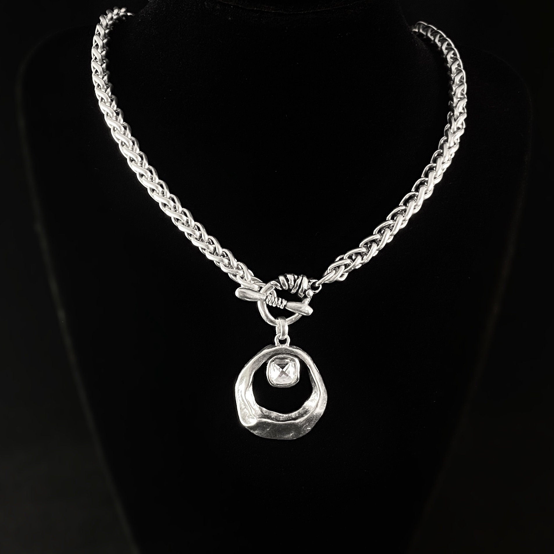 Silver Rope Chain Necklace with Round Crystal Pendant and Toggle Closure, Handmade, Nickel Free